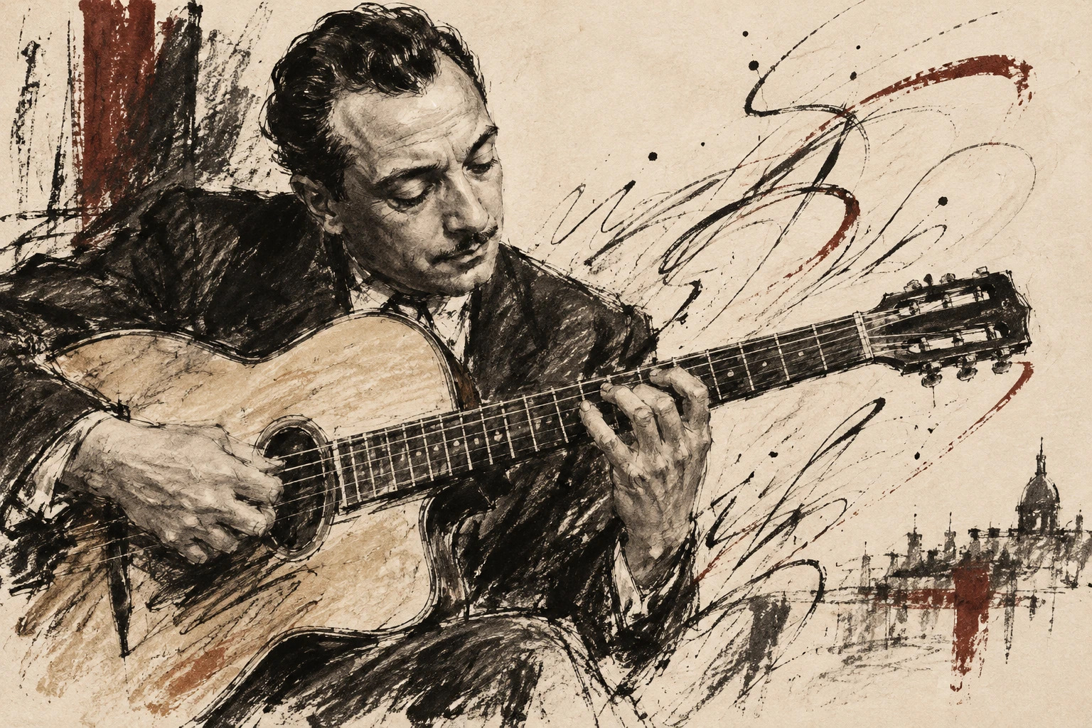 Original Djangopedia illustration of Django Reinhardt improvising on guitar