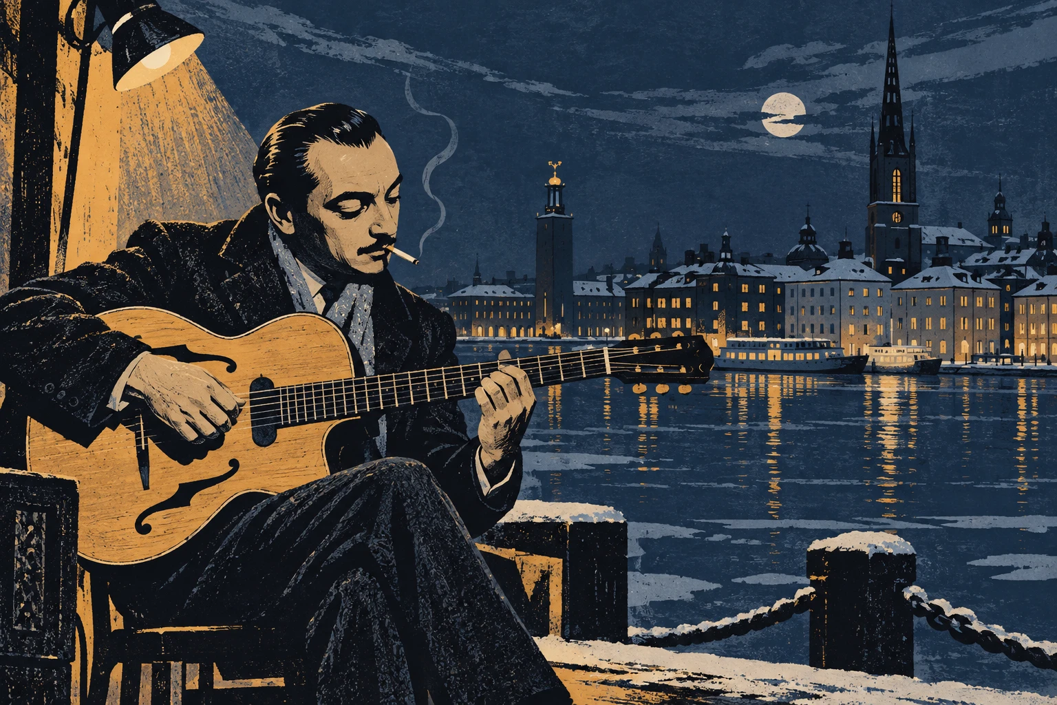 Original editorial illustration of Django Reinhardt playing guitar — Stockholm