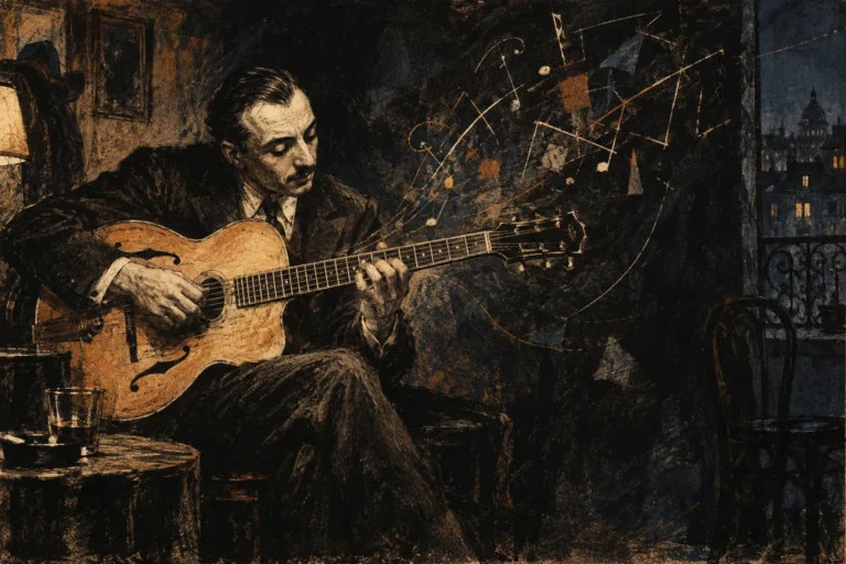 Original editorial illustration of Django Reinhardt studying Improvisation No. 1 alone with his guitar