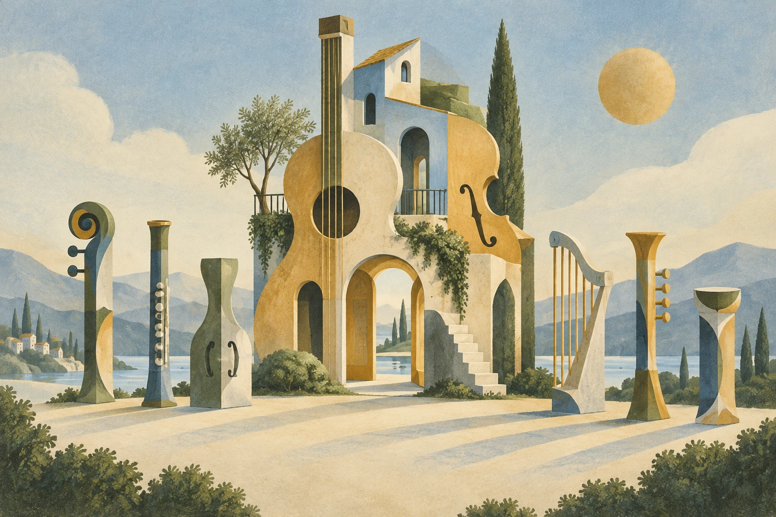 Original restrained surrealist lithograph editorial illustration for Manoir de mes Rêves