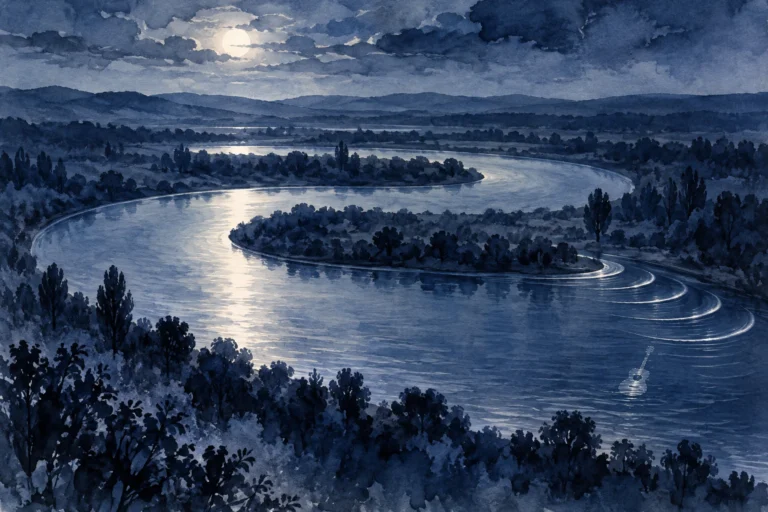 Original editorial illustration for Anniversary Song: meandering horizontal river.