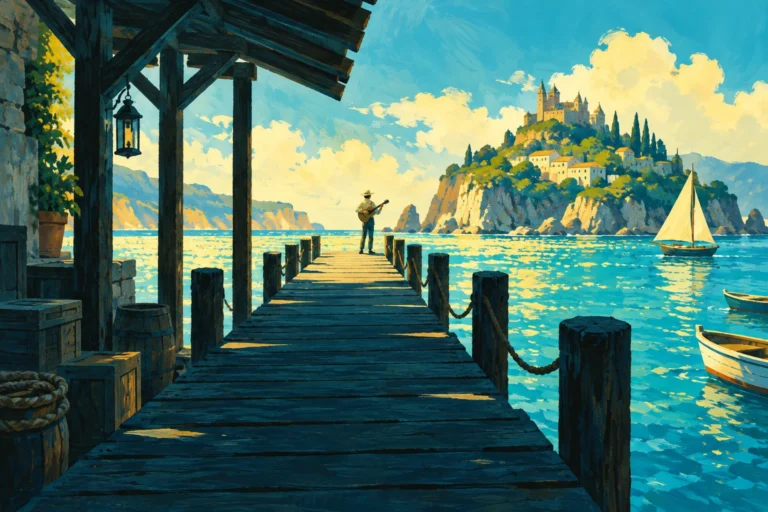 Original editorial illustration for Avalon: deep bay with offset horizon.
