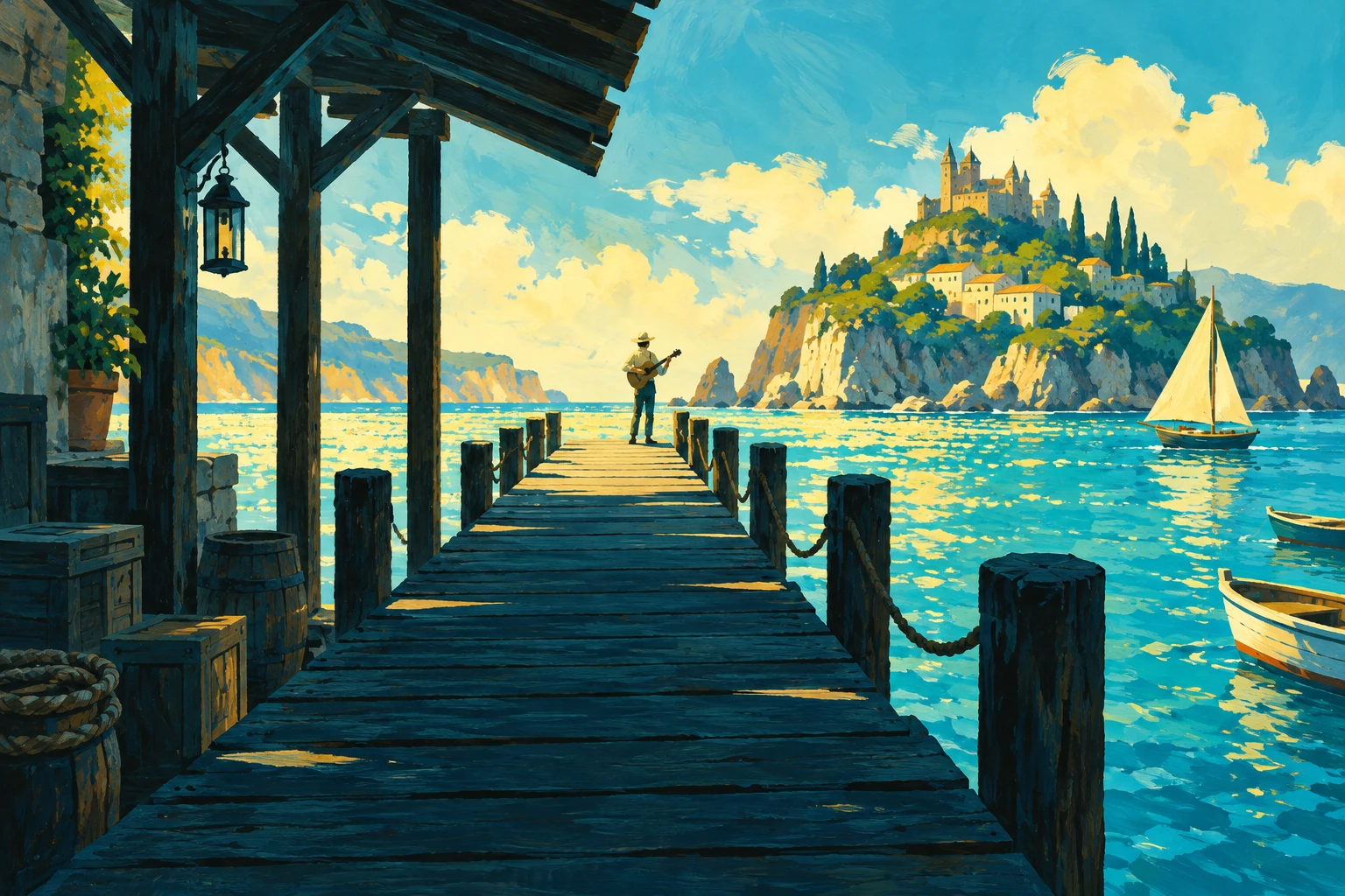 Original editorial illustration for Avalon: deep bay with offset horizon.