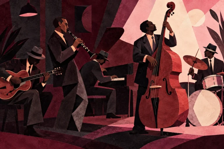 Original editorial illustration for Blue Lou: wide staggered band.