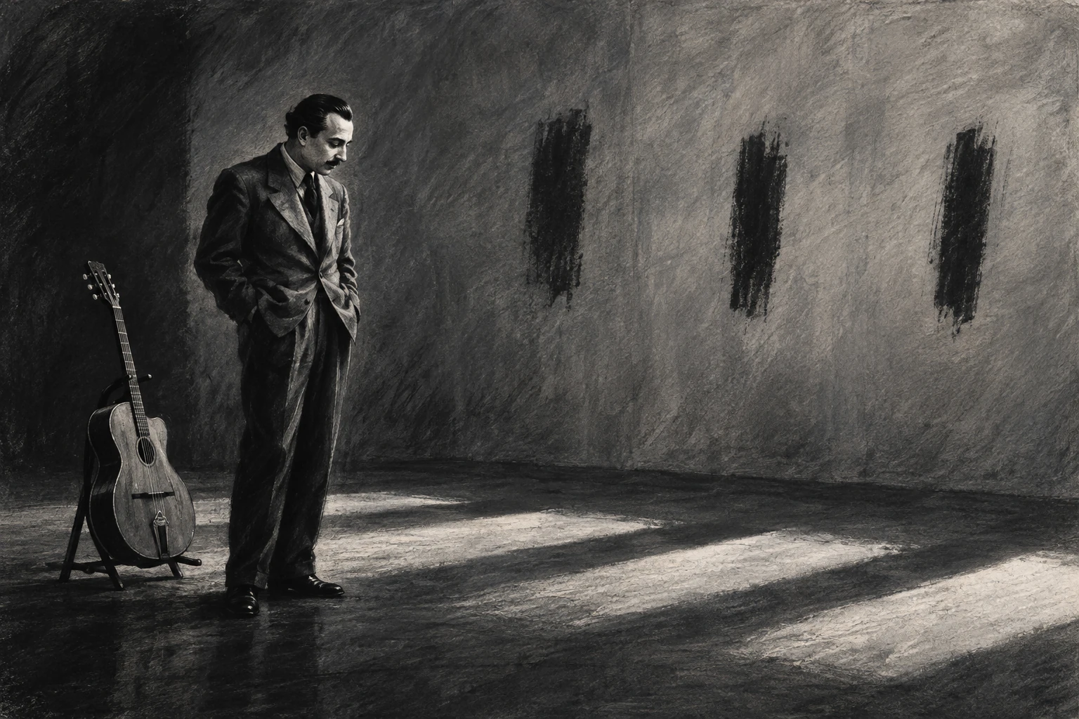 Original editorial illustration for Blues en Mineur: off-centre silhouette with long space.
