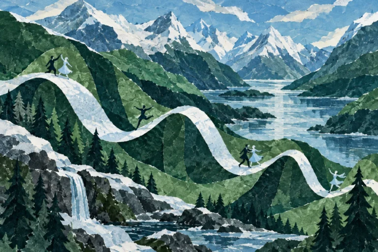 Original editorial illustration for Danse Norvegienne: mountain rhythm panorama.