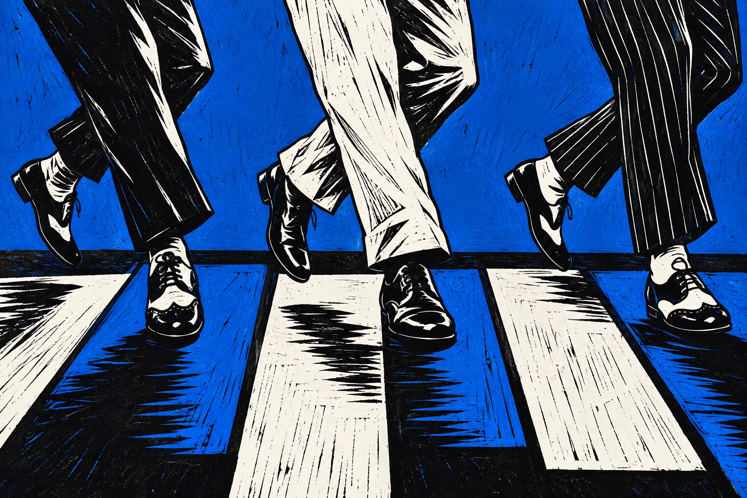 Original editorial illustration for Darktown Strutters Ball: low cropped dance rhythm.