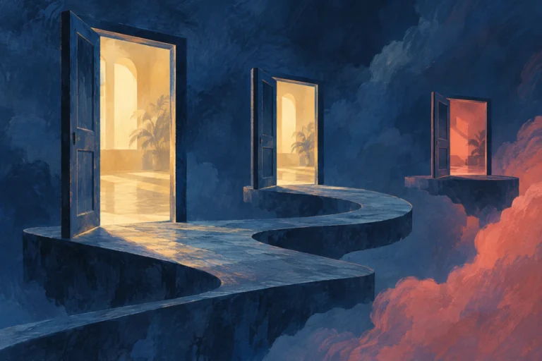 Original editorial illustration for Dream Of You: suspended doorway sequence.