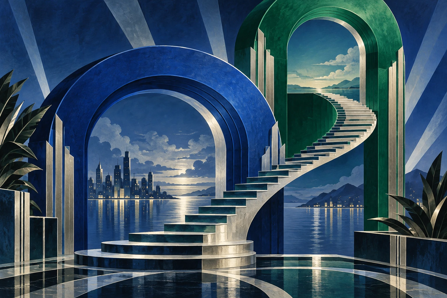 Original editorial illustration for Hallelujah: two monumental offset arches.