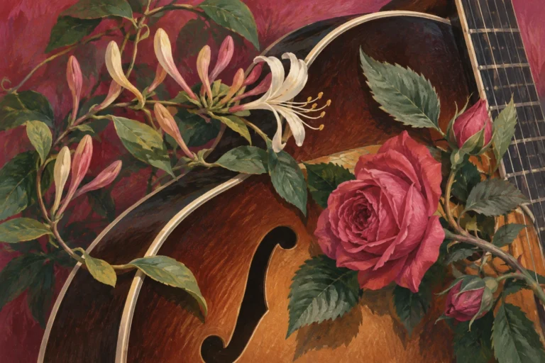 Original editorial illustration for Honeysuckle Rose: angled botanical and guitar fragments.
