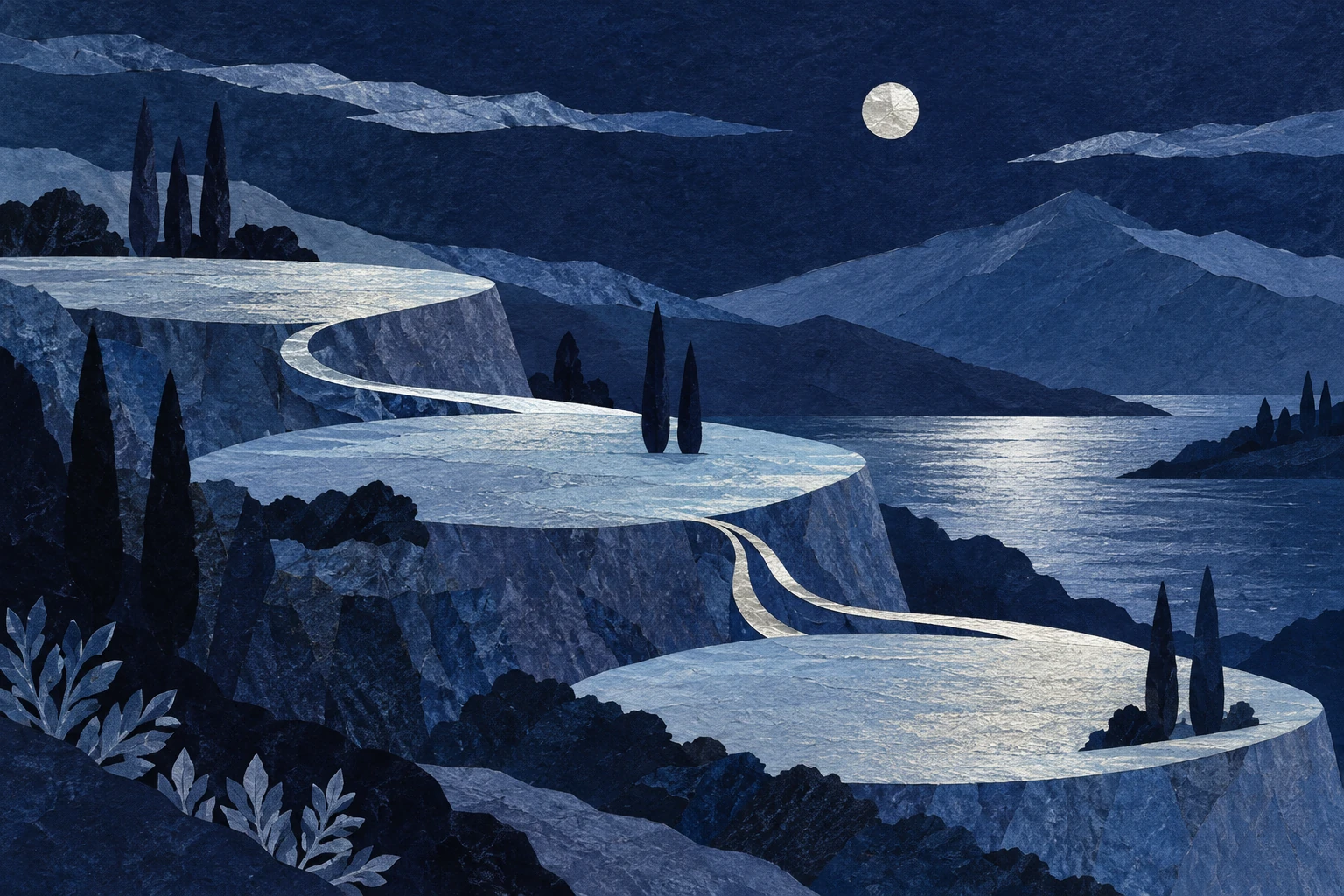 Original editorial illustration for How High The Moon: descending terraces under small moon.
