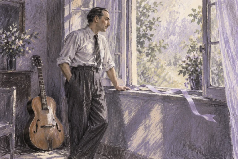 Original editorial illustration for I'll See You In My Dreams: contemplative offset full figure.