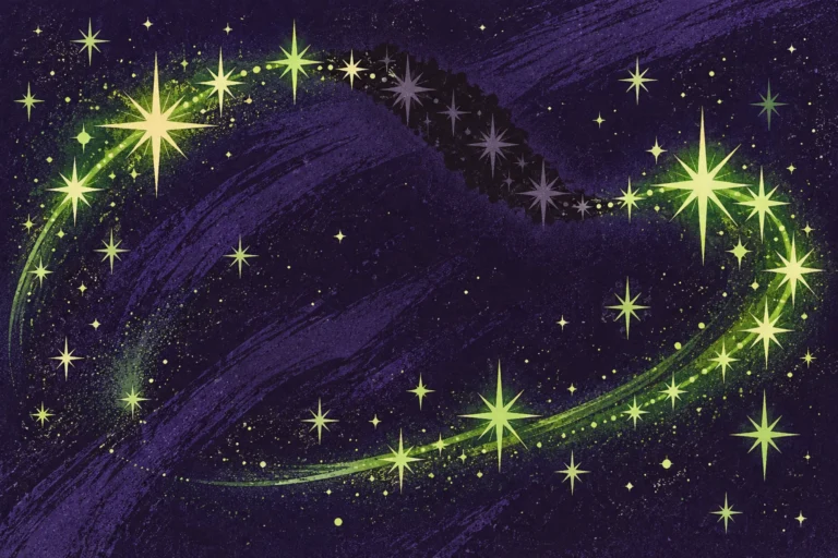 Original editorial illustration for I Saw Stars: scattered star pulses with curving cadence.