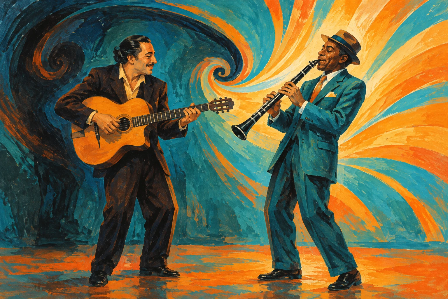 Original editorial illustration for I've Found a New Baby: curved opposing musical gestures.