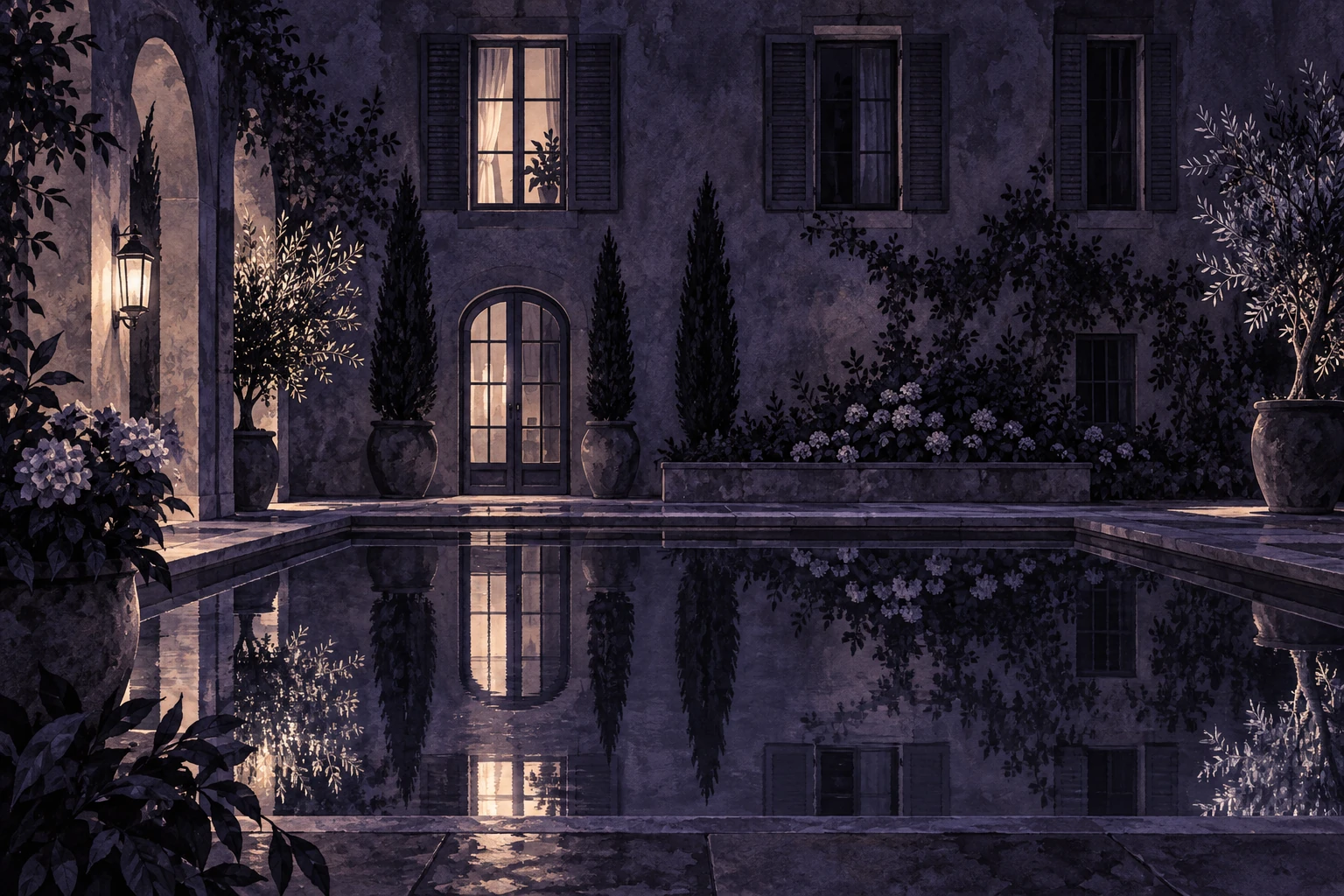Original editorial illustration for In The Still Of The Night: quiet low skyline and sustained horizon.
