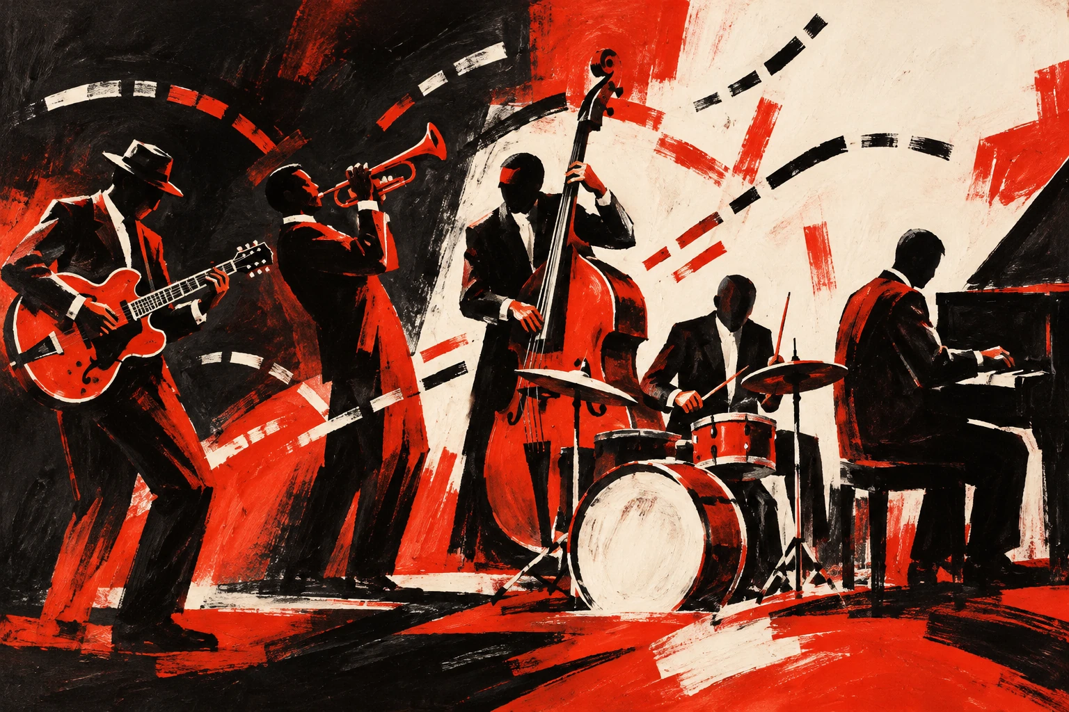 Original editorial illustration for It Don't Mean A Thing..: explosive syncopated cross-rhythm.