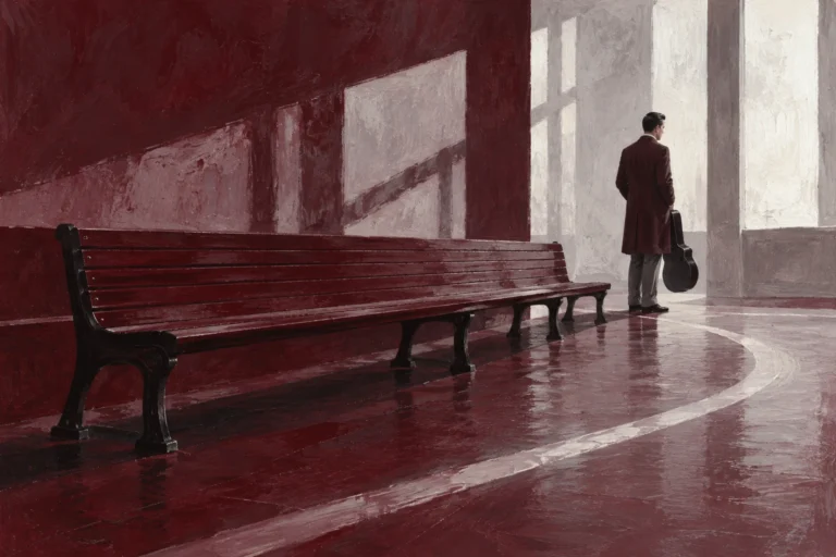 Original editorial illustration for J'Attendrai: figure behind long open bench.