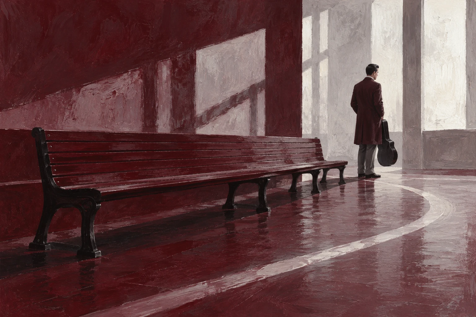 Original editorial illustration for J'Attendrai: figure behind long open bench.