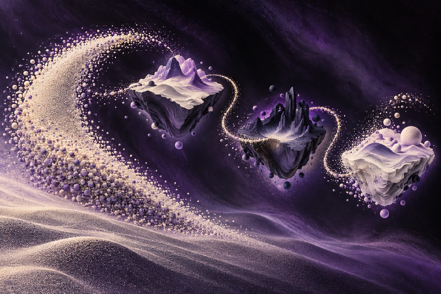 Original editorial illustration for Japanese Sandman: drifting granular islands.