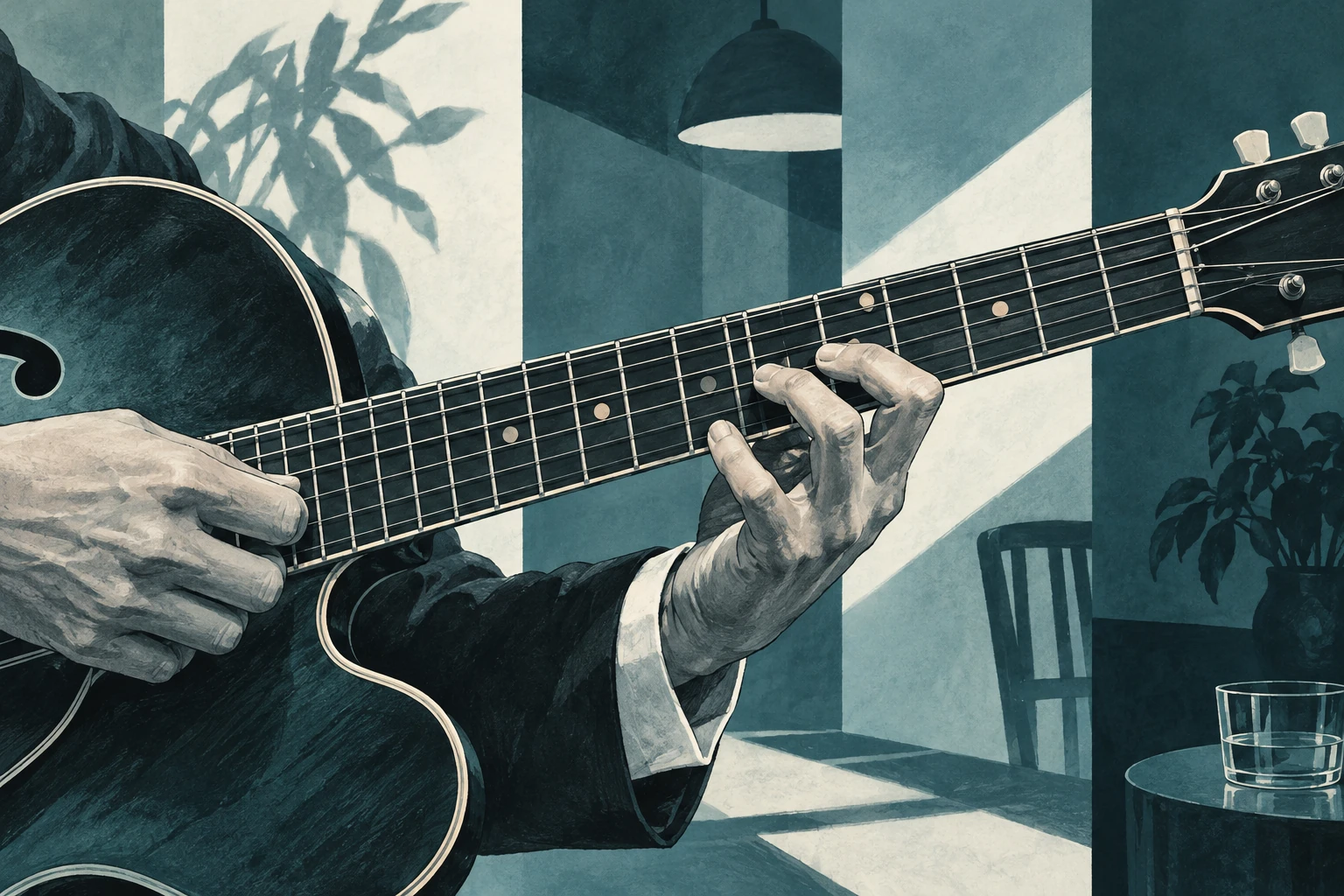 Original editorial illustration for Just One Of Those Things: long neck and four staggered planes.