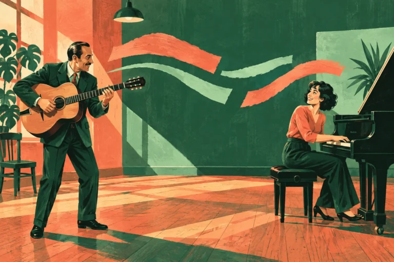 Original editorial illustration for Lady Be Good: wide conversation across shared floor.