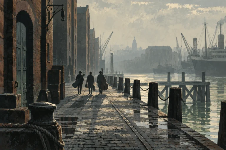 Original editorial illustration for Limehouse Blues: long waterfront perspective.