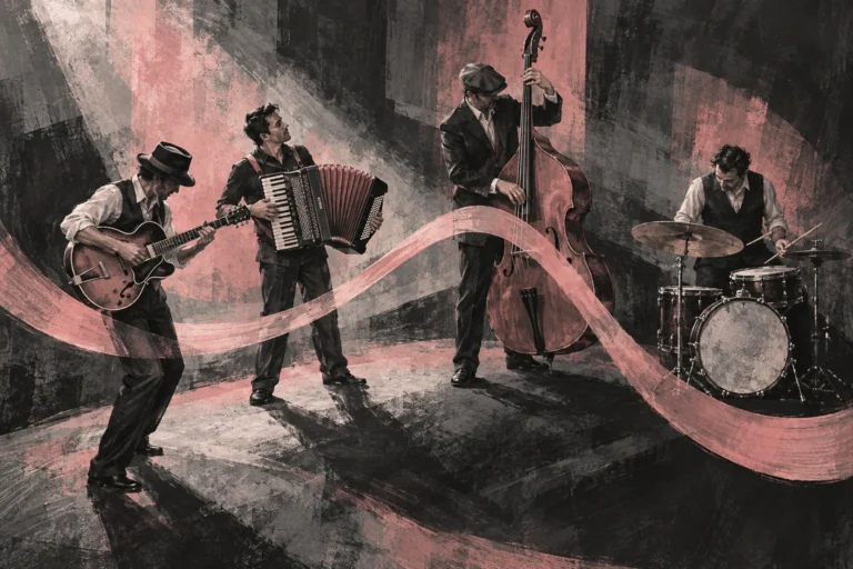 Original editorial illustration for Louise: rising layered instrument silhouettes.