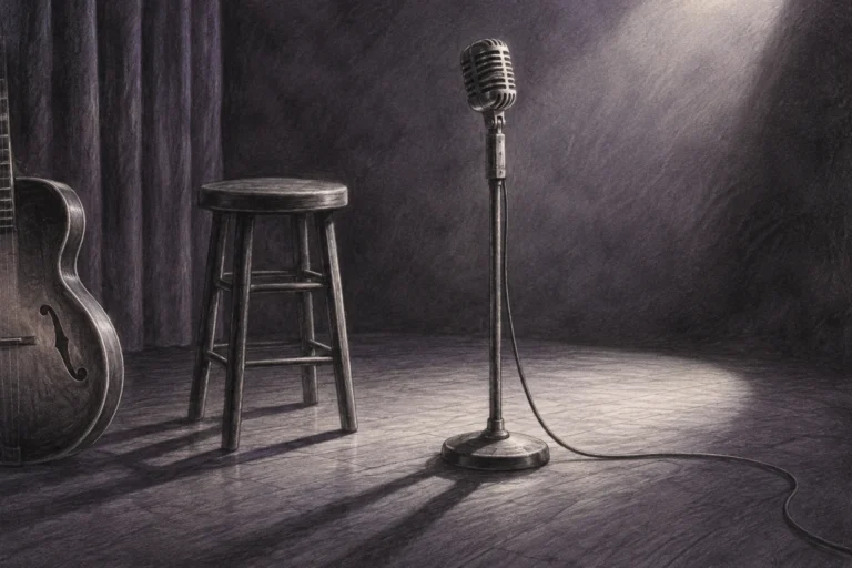 Original editorial illustration for Lover Man: isolated microphone and guitar edge.