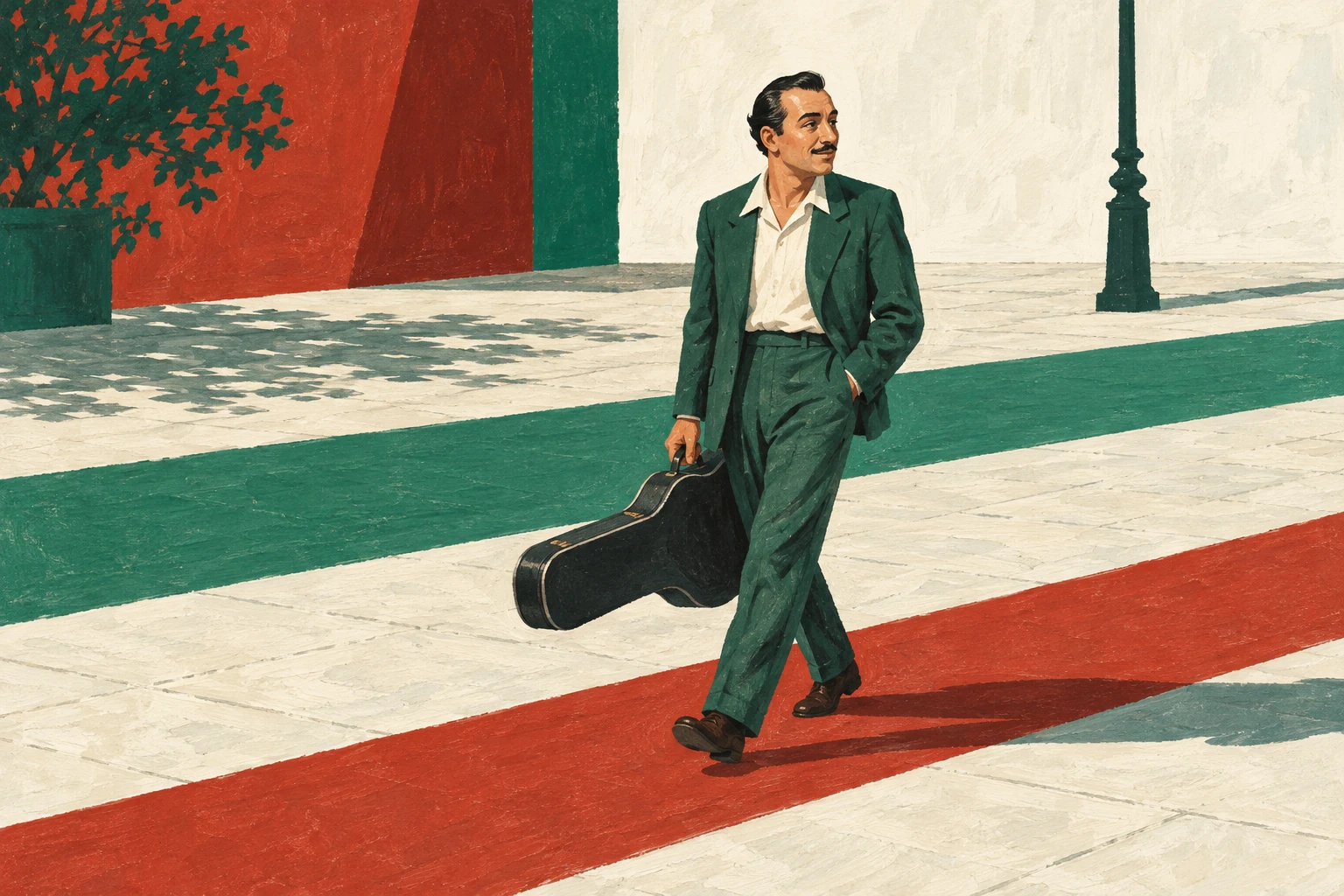 Original editorial illustration for Margie: walking figure beside wide rhythm.