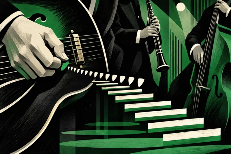 Original editorial illustration for Micro: miniature rhythm expanded across panel.