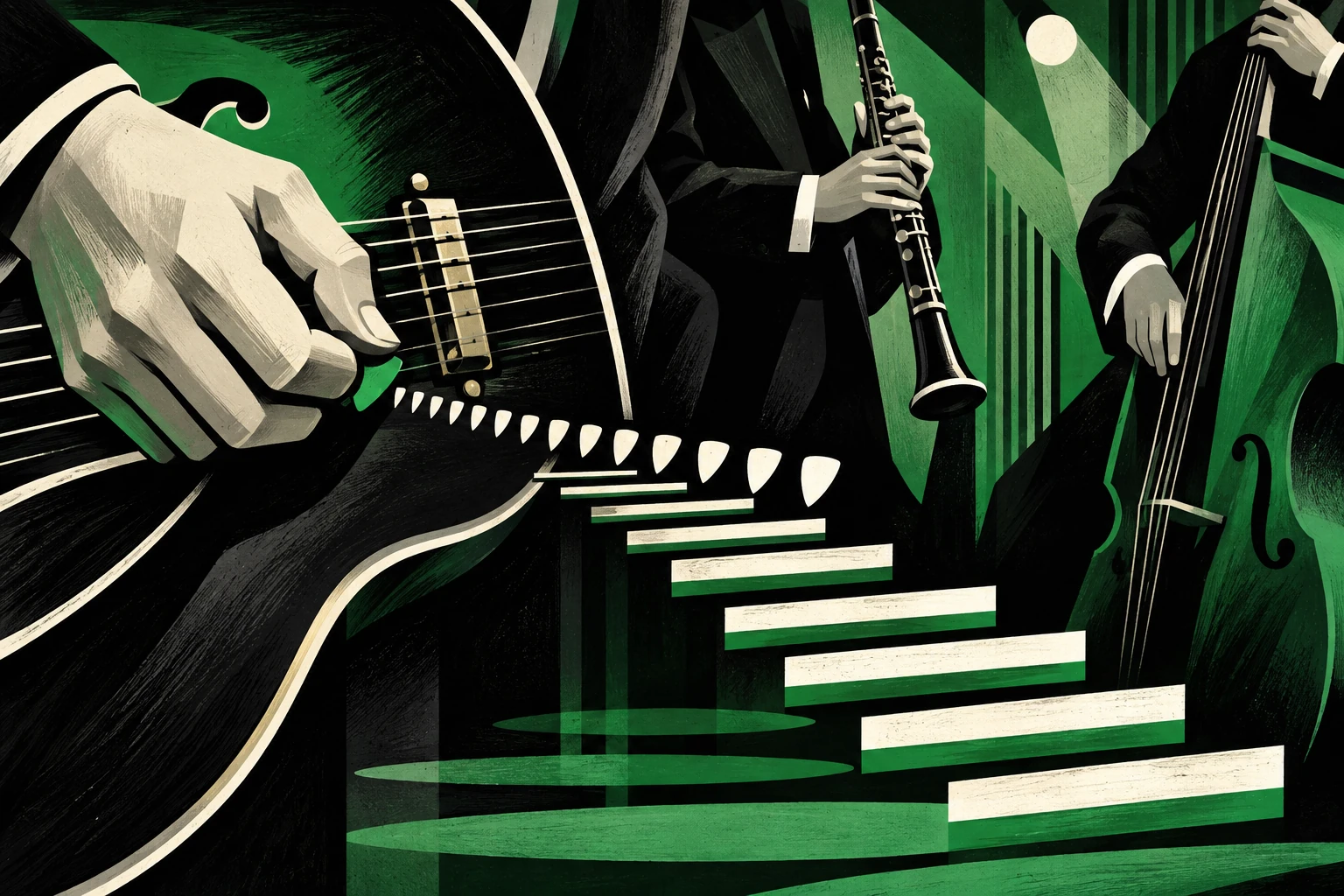 Original editorial illustration for Micro: miniature rhythm expanded across panel.