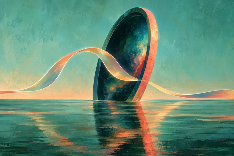 Original editorial illustration for Out Of Nowhere: unexpected arch through open void.