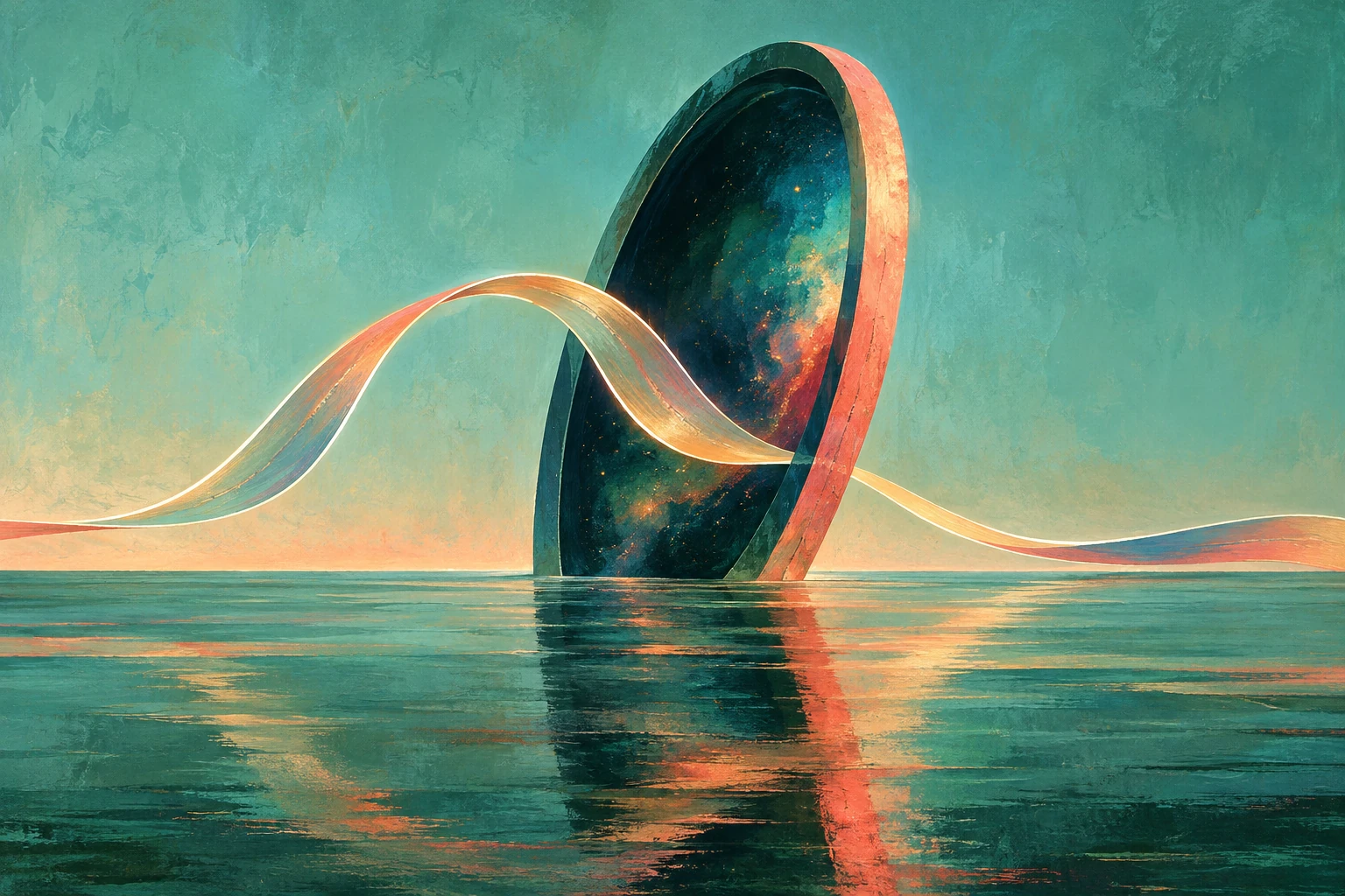 Original editorial illustration for Out Of Nowhere: unexpected arch through open void.