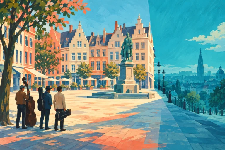 Original editorial illustration for Place de Brouckere: wide urban square in daylight.