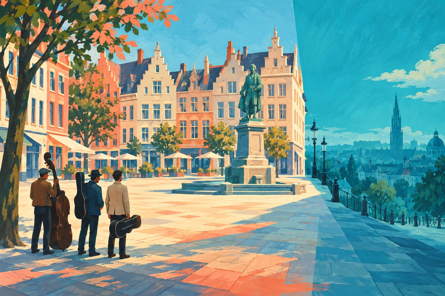 Original editorial illustration for Place de Brouckere: wide urban square in daylight.