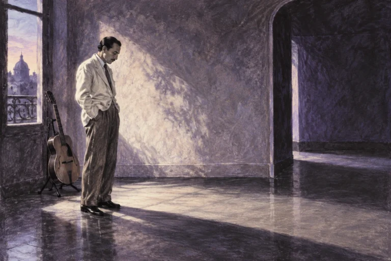 Original editorial illustration for Seul Ce Soir: lone standing figure beside off-centre pool.