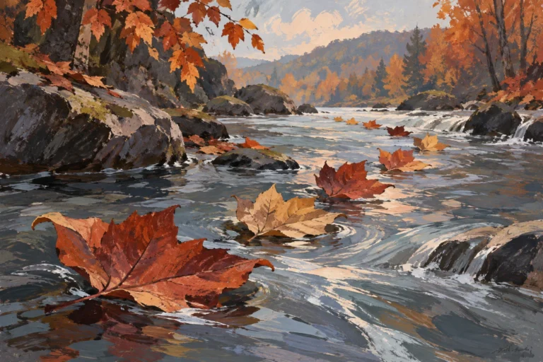 Original editorial illustration for Songe d'Automne: descending leaves across long current.
