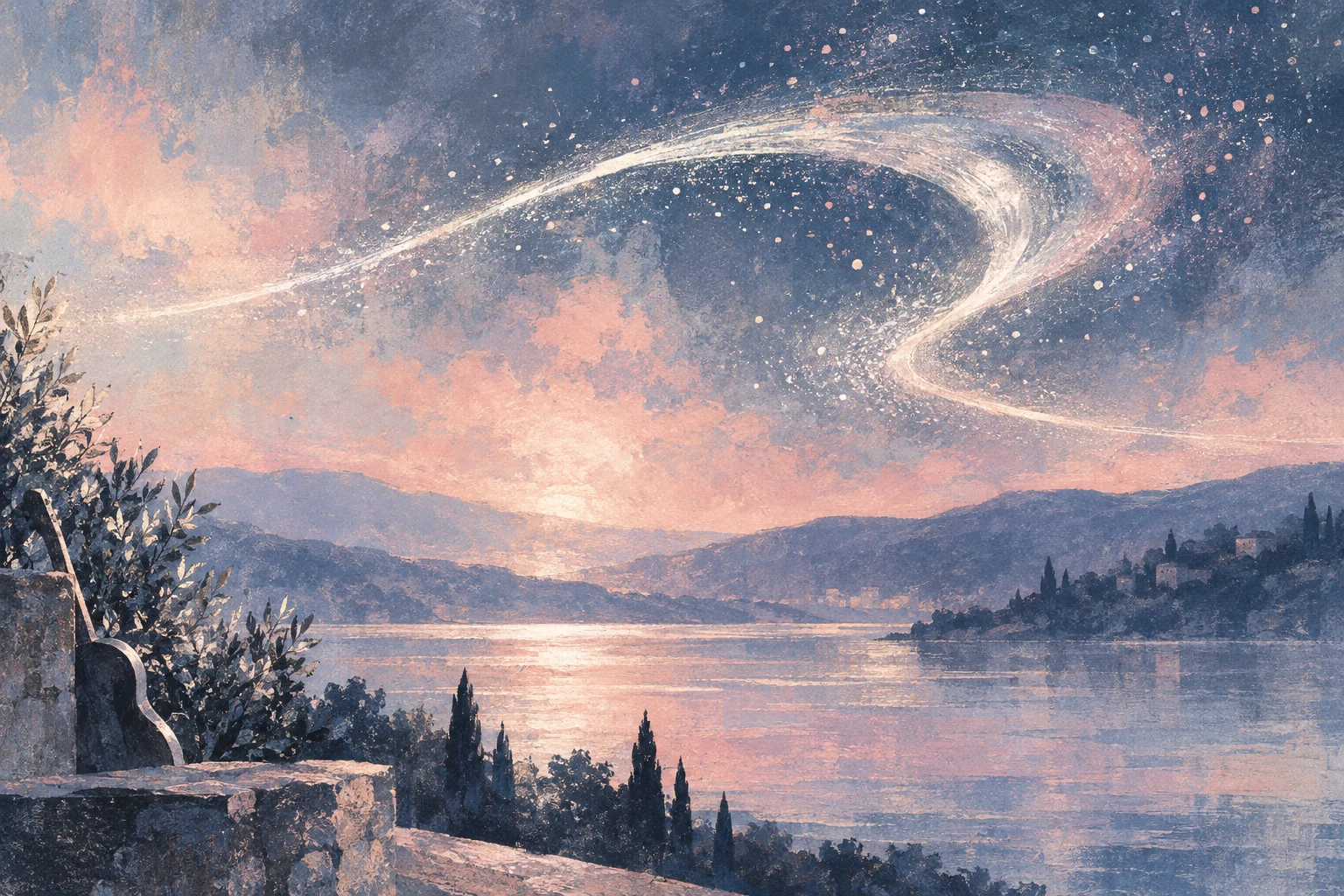 Original editorial illustration for Stardust: long luminous trace through granular field.