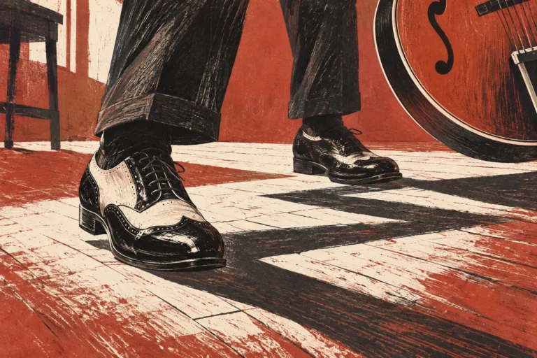 Original editorial illustration for Stompin' At Decca: low angular floor rhythm.