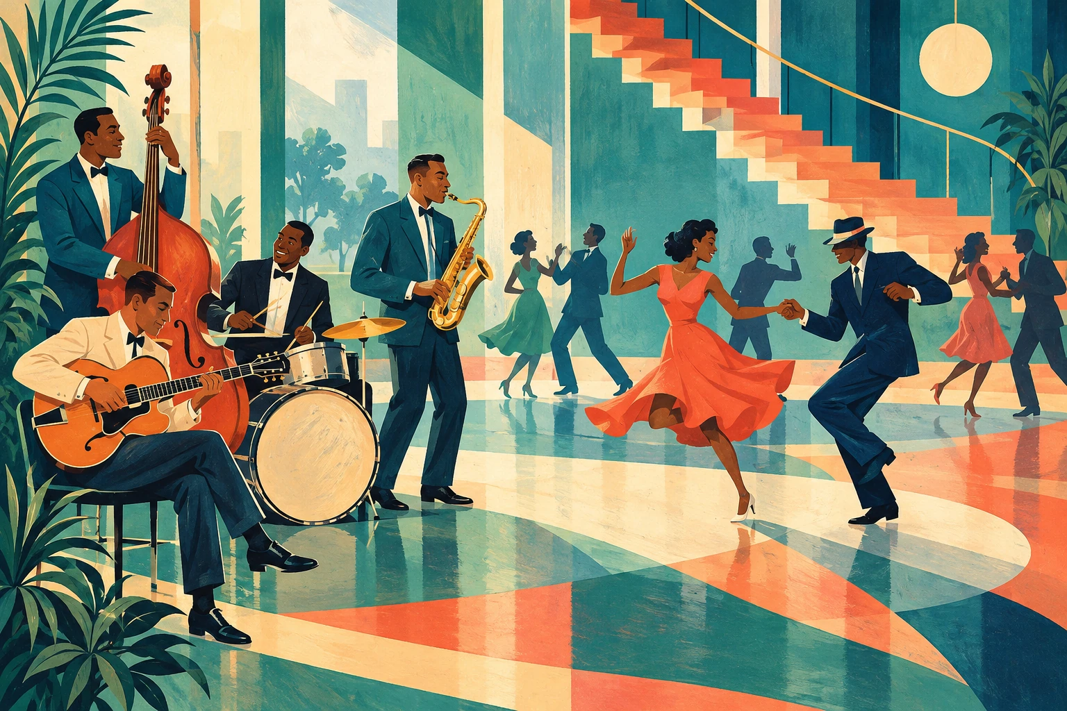 Original editorial illustration for Stompin' At The Savoy: wide diagonal dance-floor exchange.