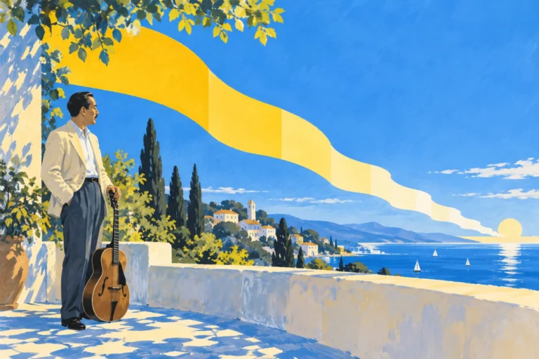 Original editorial illustration for Sweet Sue, Just You: figure at margin with long descending band.