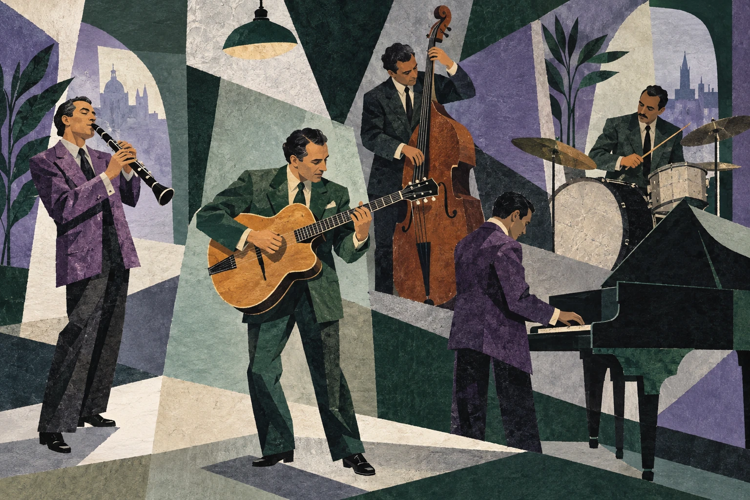 Original editorial illustration for Swing '41: asymmetric split-register band.
