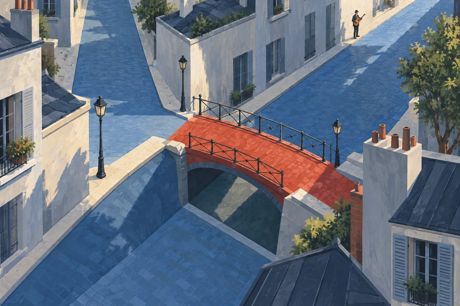 Original editorial illustration for Swing de Paris: three streets and one bright bridge.