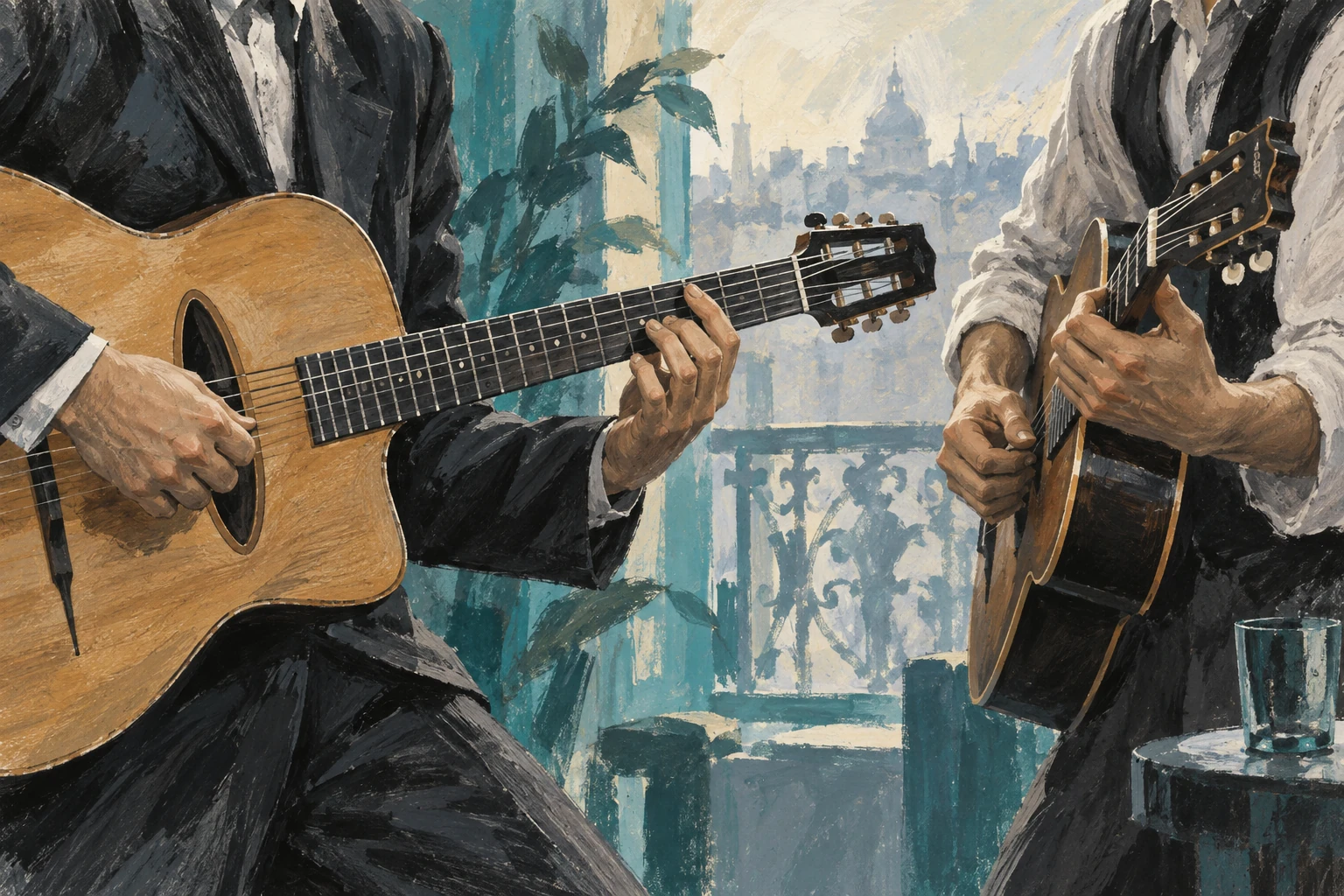Original editorial illustration for Swing Guitars: opposing instrument necks and cropped torsos.