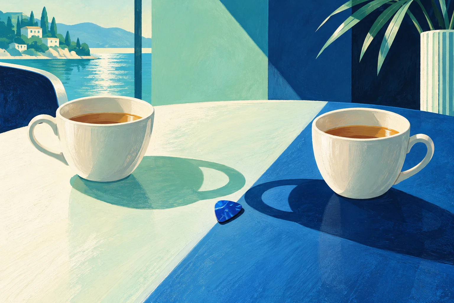 Original editorial illustration for Tea For Two: two cups with abruptly shifted shadows.