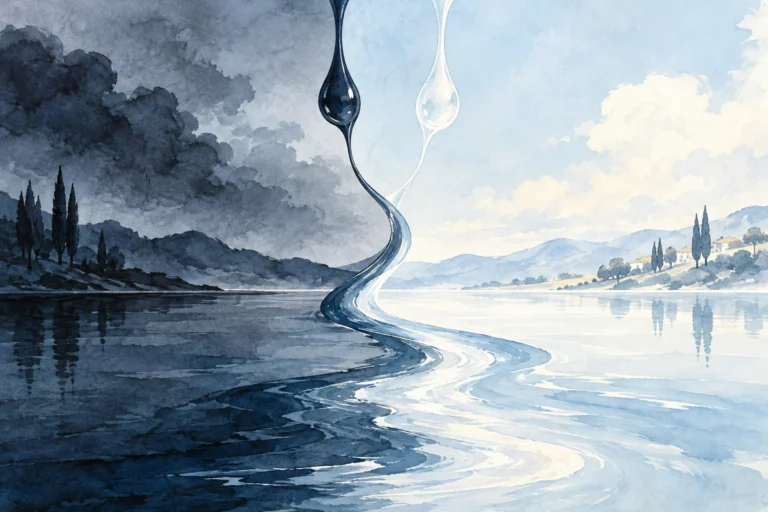 Original editorial illustration for Tears: two rain-like threads joining clear field.
