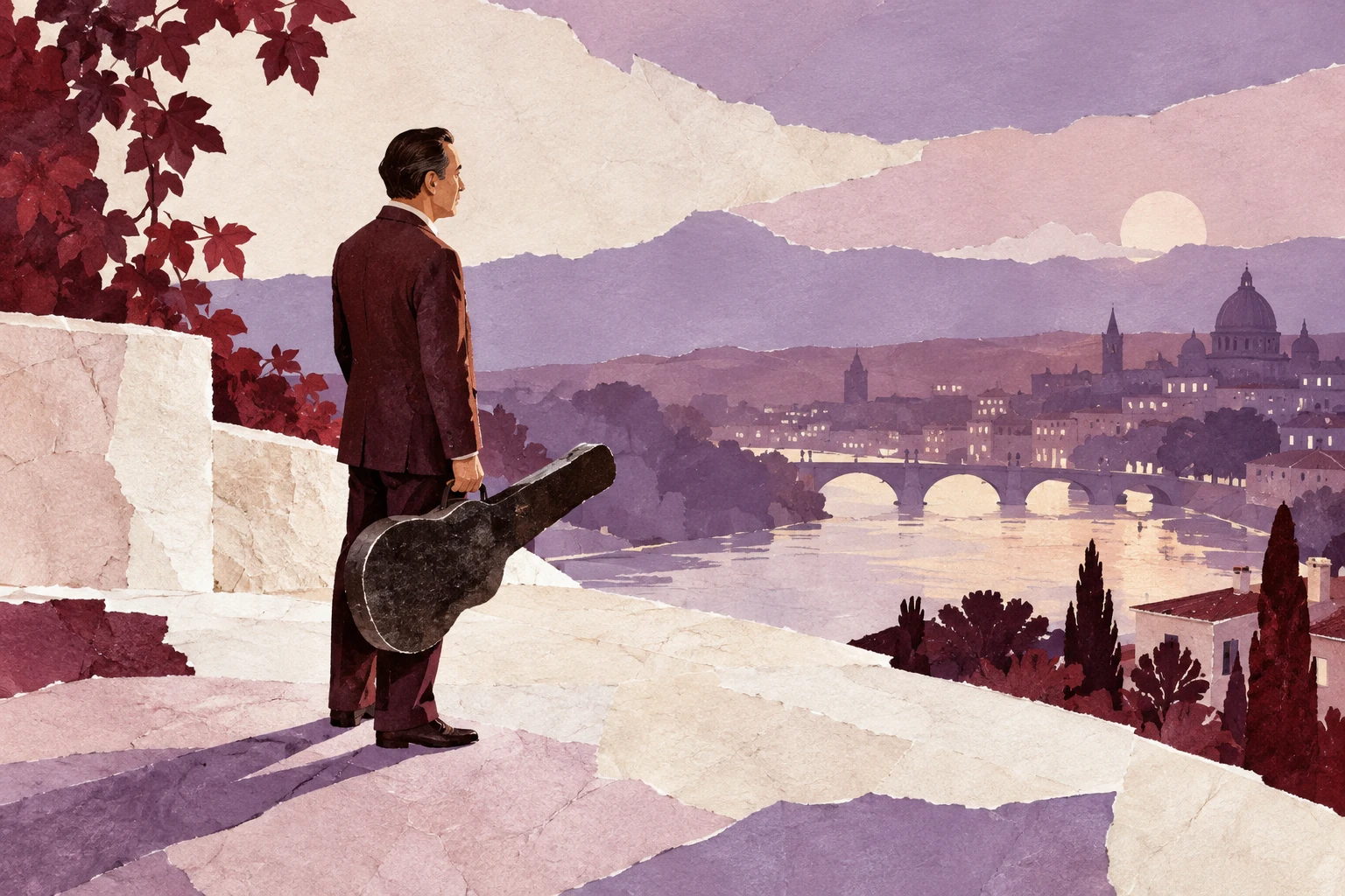 Original editorial illustration for The Man I Love: three-quarter figure against broad rising plane.