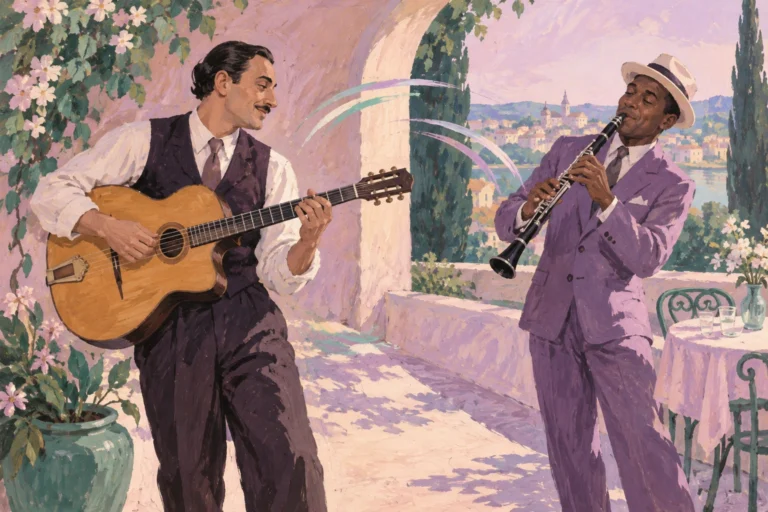 Original editorial illustration for Them There Eyes: two angled listeners and answering arcs.