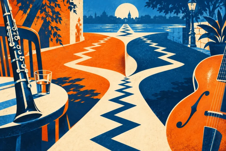 Original editorial illustration for Undecided: two diverging routes rejoined by one riff.
