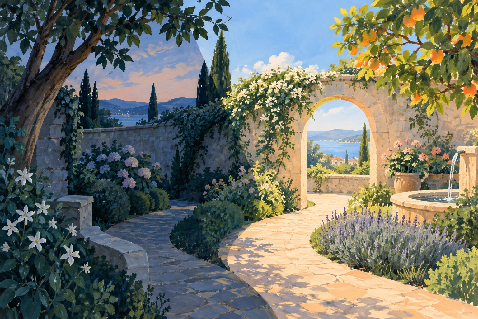 Original editorial illustration for What A Difference A Day Made: same garden across changing daylight.